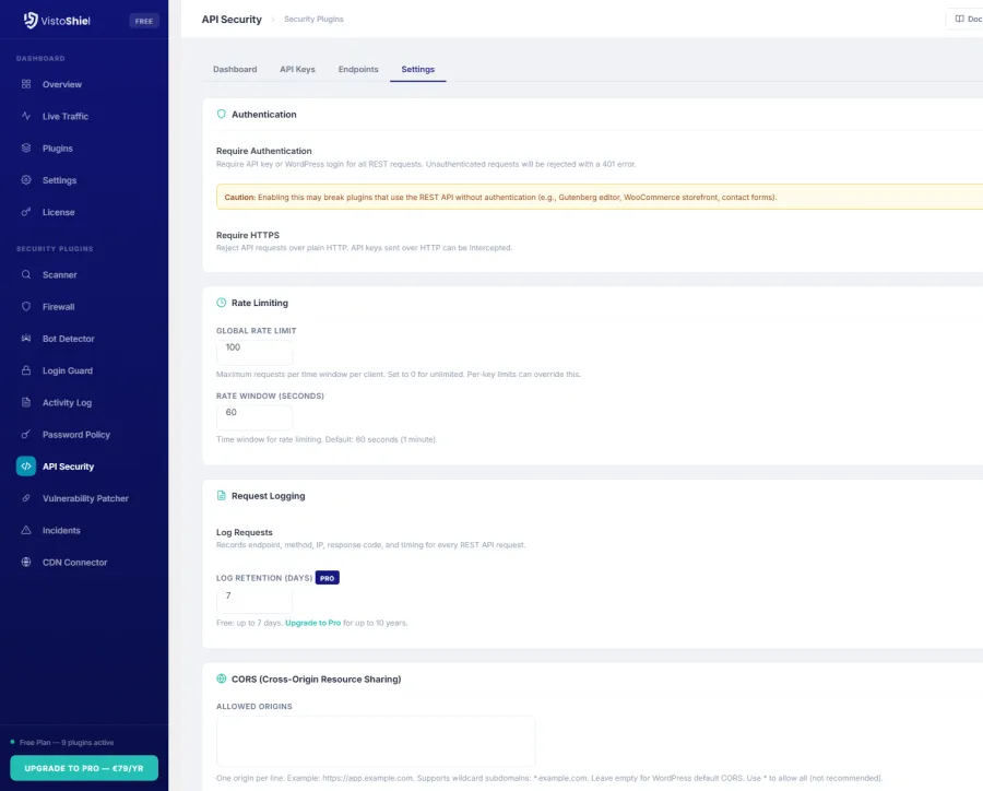 Settings — API security preferences