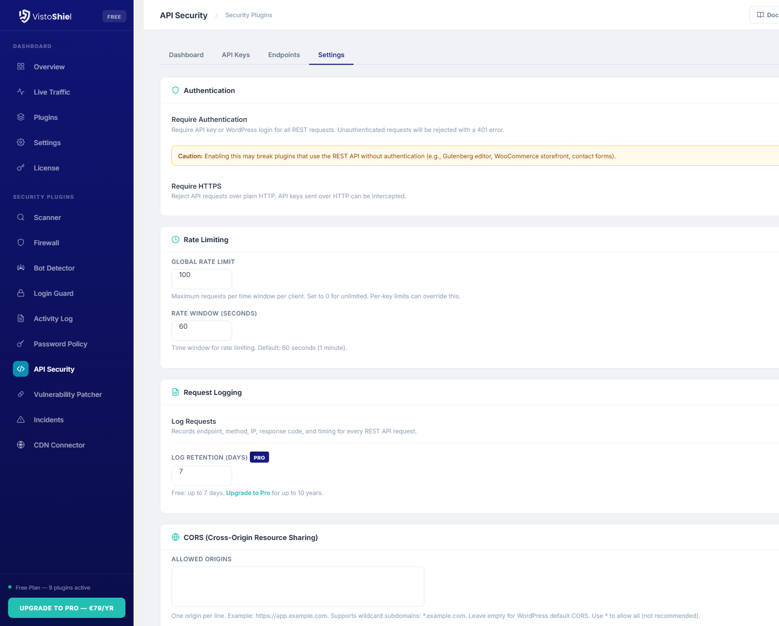 Settings — API security preferences