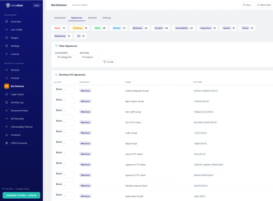 Bot Log — Detected bot activity with details