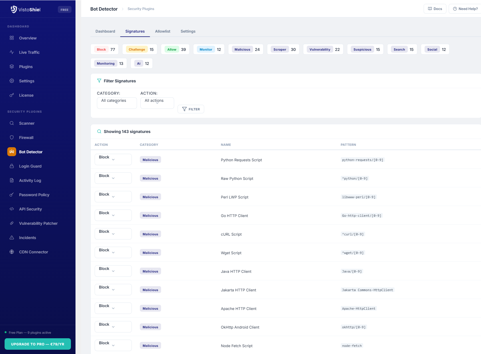 Bot Log — Detected bot activity with details