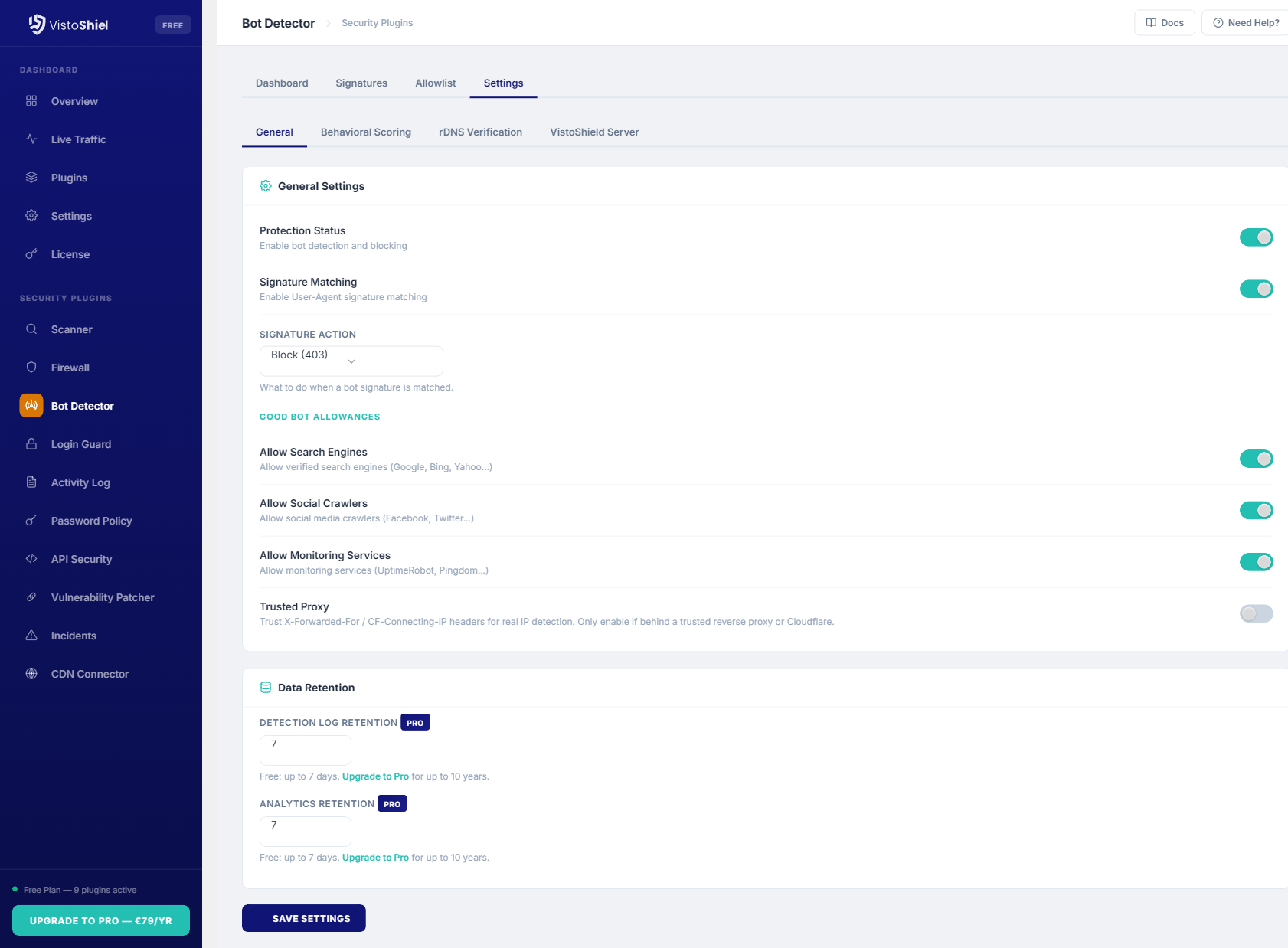 Settings — Detection sensitivity and response configuration