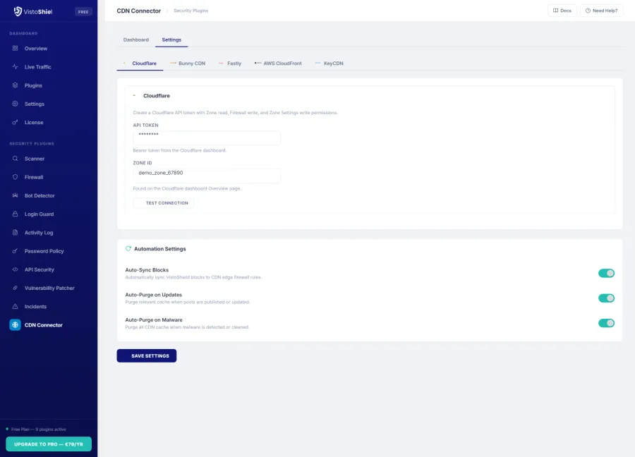 Settings — Cloudflare API credentials and automation toggles