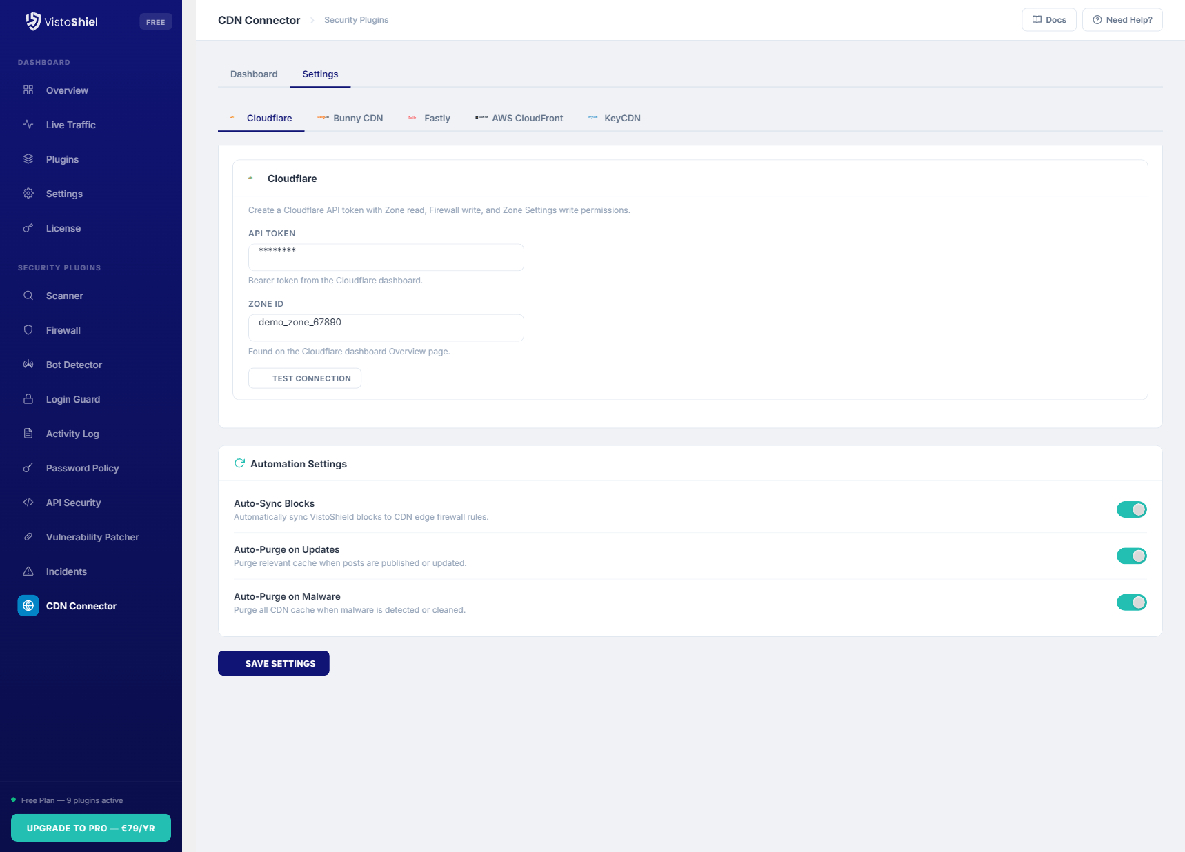 Settings — Cloudflare API credentials and automation toggles