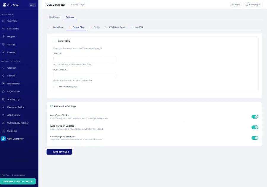 Settings — Bunny CDN provider configuration with sub-tab navigation
