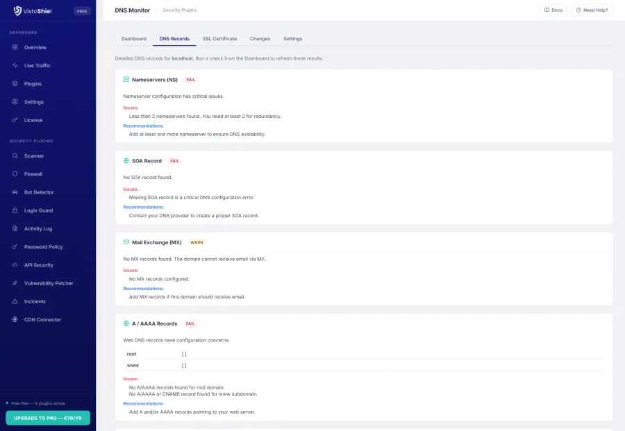 Records — Complete DNS record analysis with status indicators