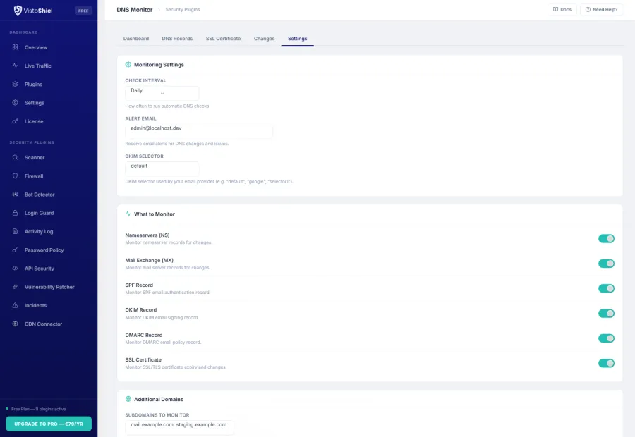 Settings — Monitoring configuration and alert preferences