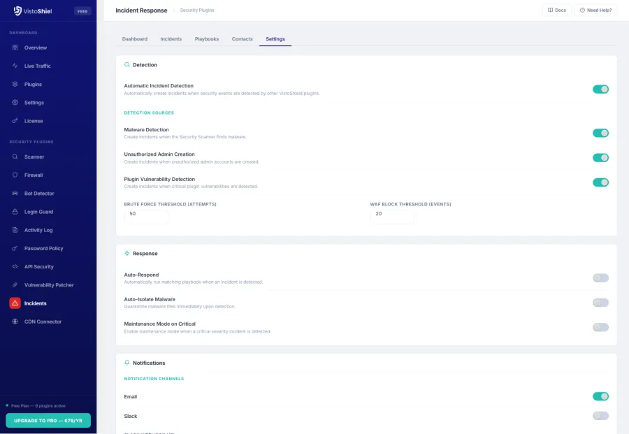 Settings — Response configuration and notifications