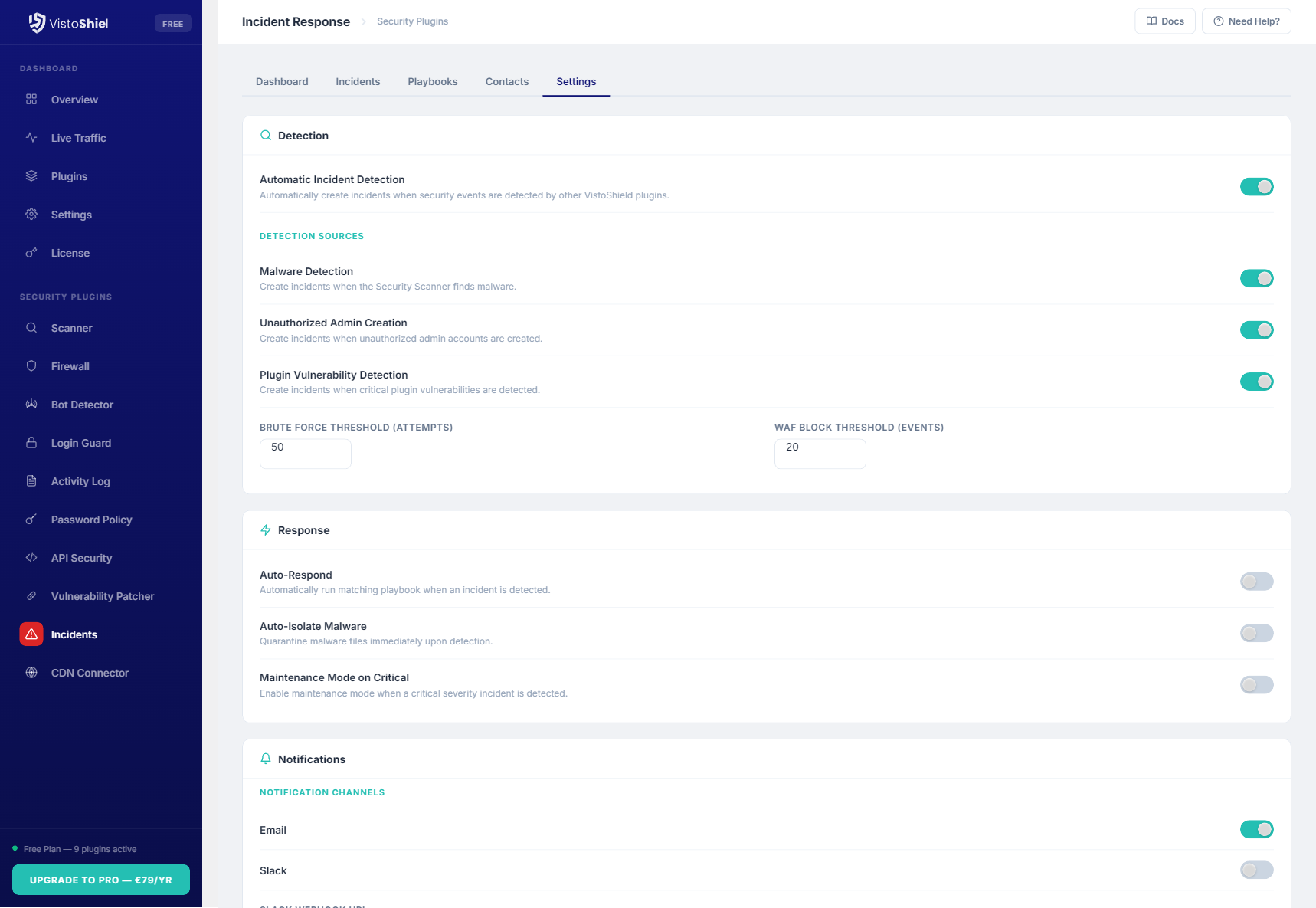 Settings — Response configuration and notifications