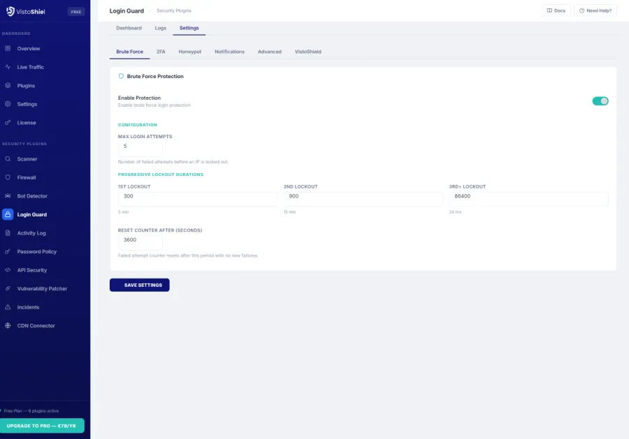 Settings — Login protection rules and 2FA configuration