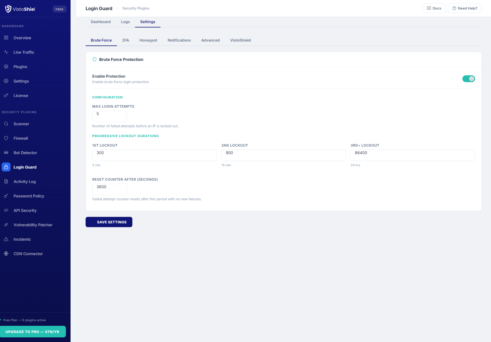 Settings — Login protection rules and 2FA configuration