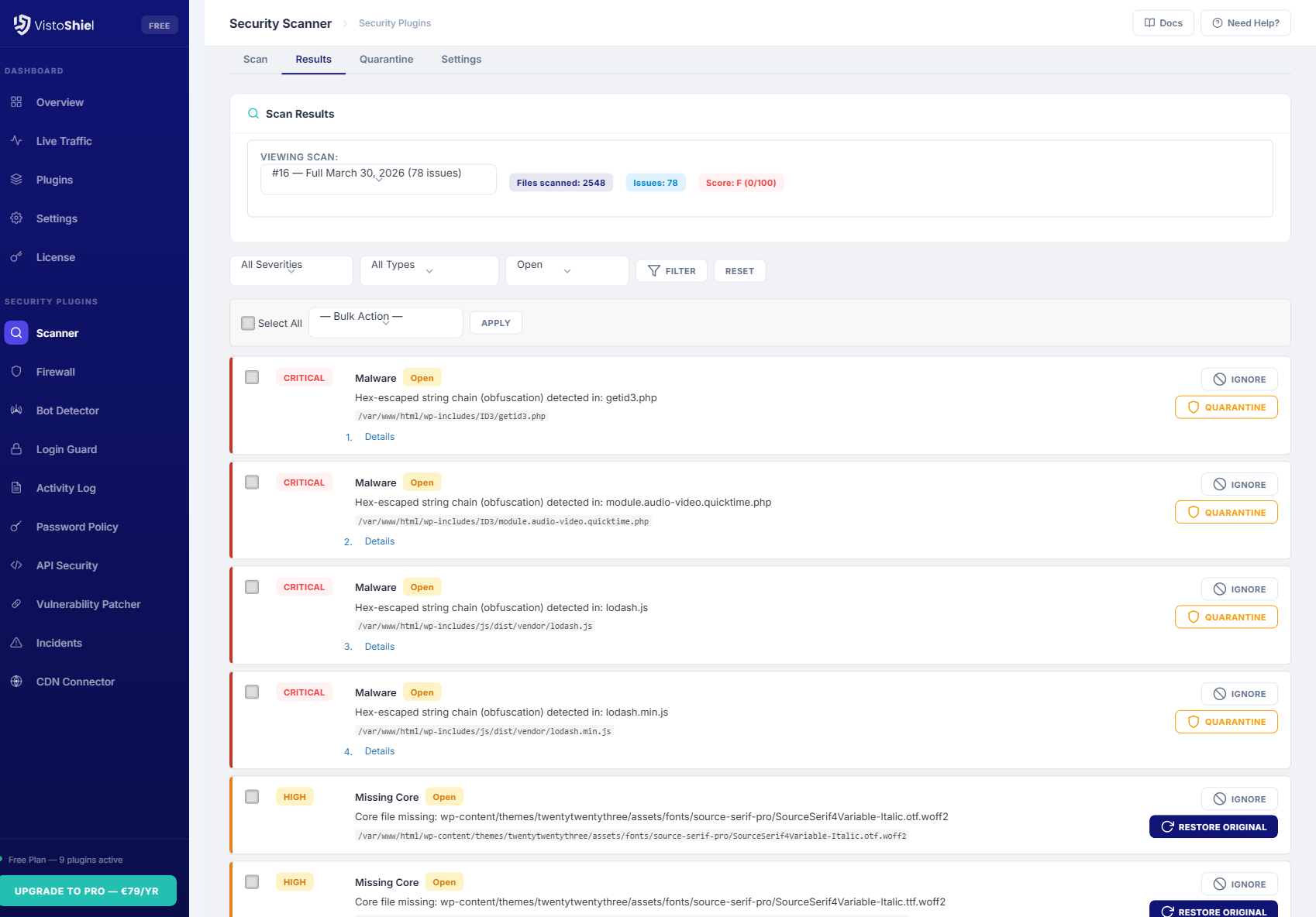 Results — Scan results with detected issues